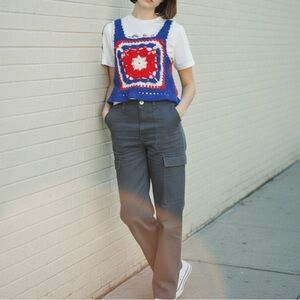 VINTAGE 70s Granny Square Crochet Handmade Top Vest Patriotic Red White & Blue
